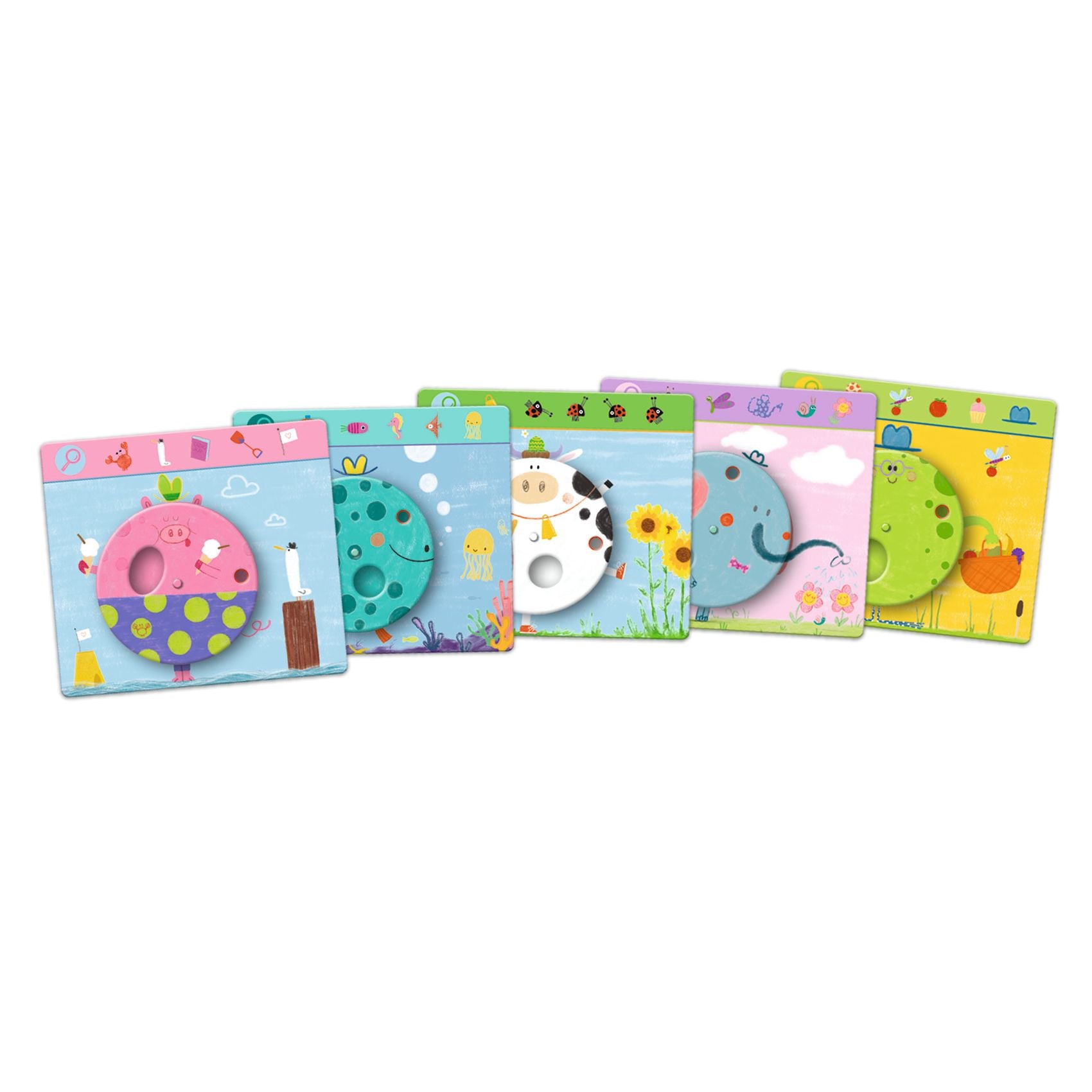 Ensemble des 5 plateaux de jeu thématiques et colorés du jeu éducatif d'observation Edu Ludo Obs Funny de Djeco.