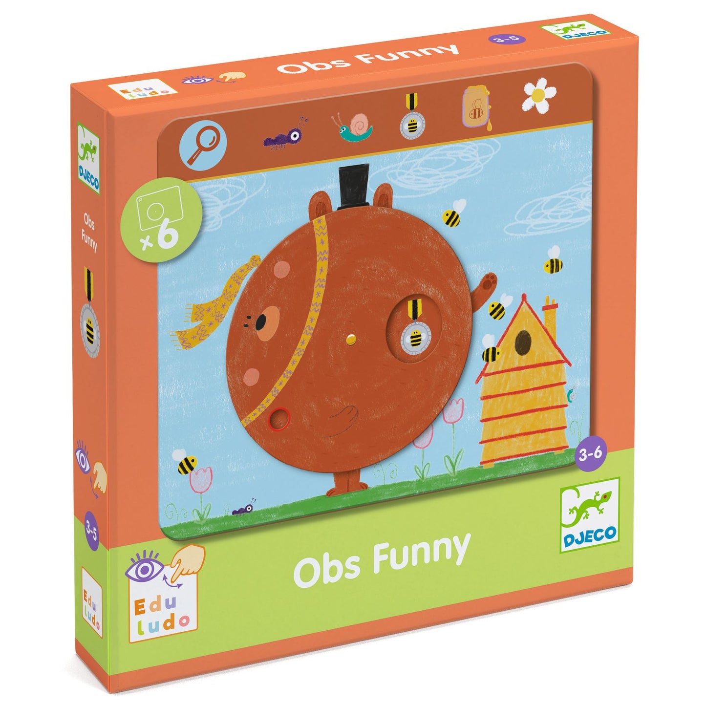 Boîte du jeu d'observation et de manipulation Edu Ludo Obs Funny de Djeco pour enfants de 3 à 6 ans avec un disque rotatif illustré.