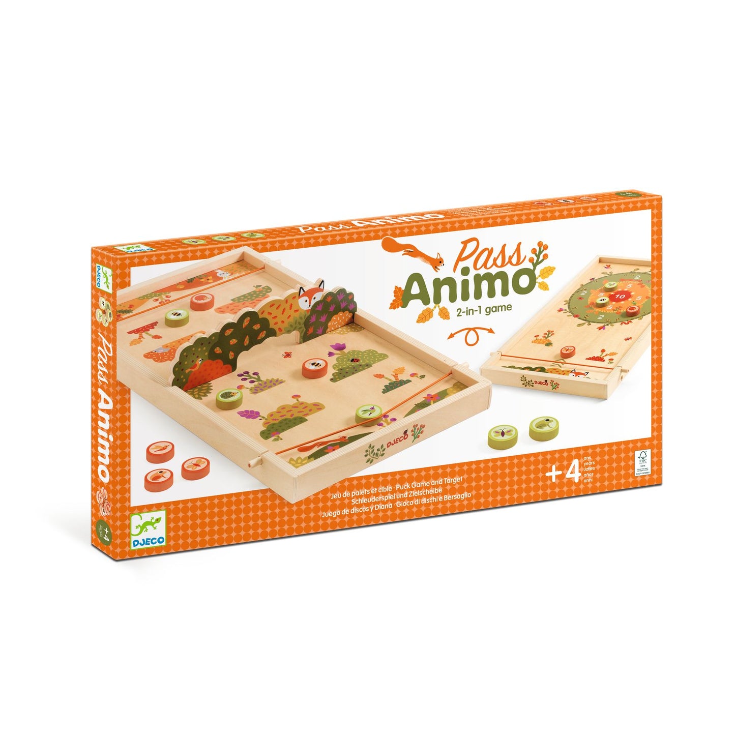 Boîte du jeu en bois Pass Animo 2-en-1 de Djeco montrant un plateau de palets à élastiques illustré sur le thème de la forêt.