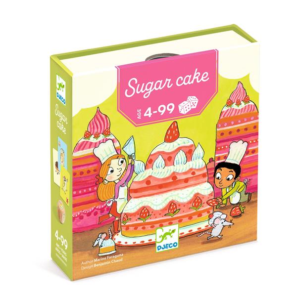 Boîte du jeu de cartes coopératif Sugar Cake de la marque Djeco pour les enfants de 4 à 99 ans, illustrée de deux enfants pâtissiers décorant de grands gâteaux avec l'aide de petites souris.