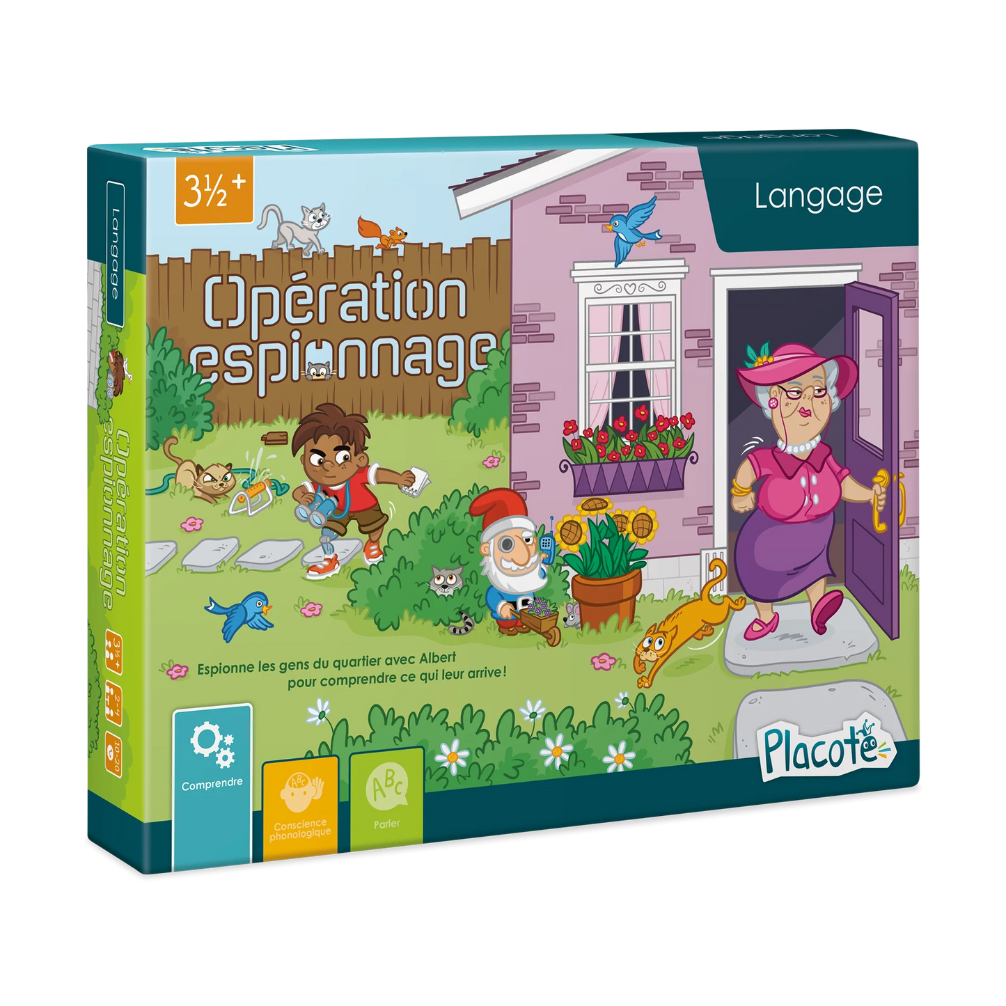 Boîte du jeu de langage Opération espionnage de Placote montrant le petit garçon Albert observant sa voisine Gertrude dans le jardin.