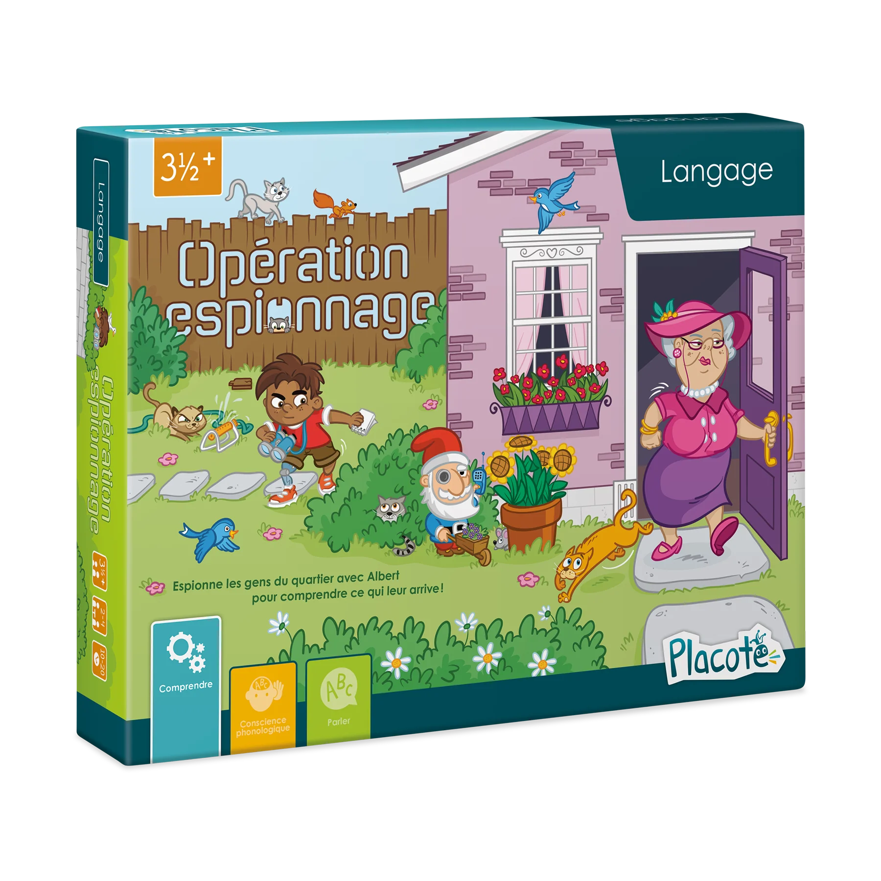 Boîte du jeu de langage Opération espionnage de Placote montrant le petit garçon Albert observant sa voisine Gertrude dans le jardin.