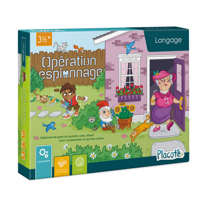 Boîte du jeu de langage Opération espionnage de Placote montrant le petit garçon Albert observant sa voisine Gertrude dans le jardin.