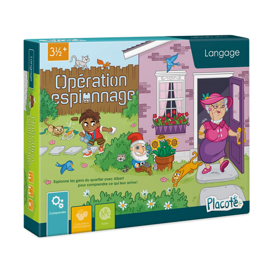 Boîte du jeu de langage Opération espionnage de Placote montrant le petit garçon Albert observant sa voisine Gertrude dans le jardin.