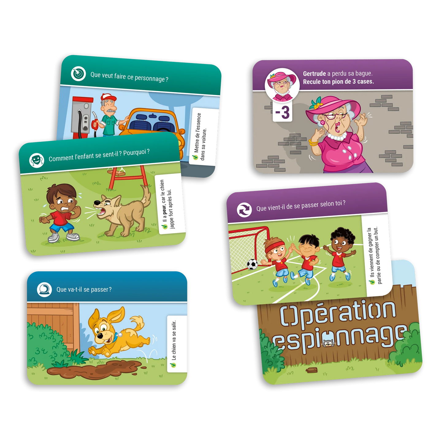 Exemple de cartes-questions et cartes spéciales du jeu Opération espionnage de Placote pour travailler la compréhension et la déduction d'informations chez l'enfant.