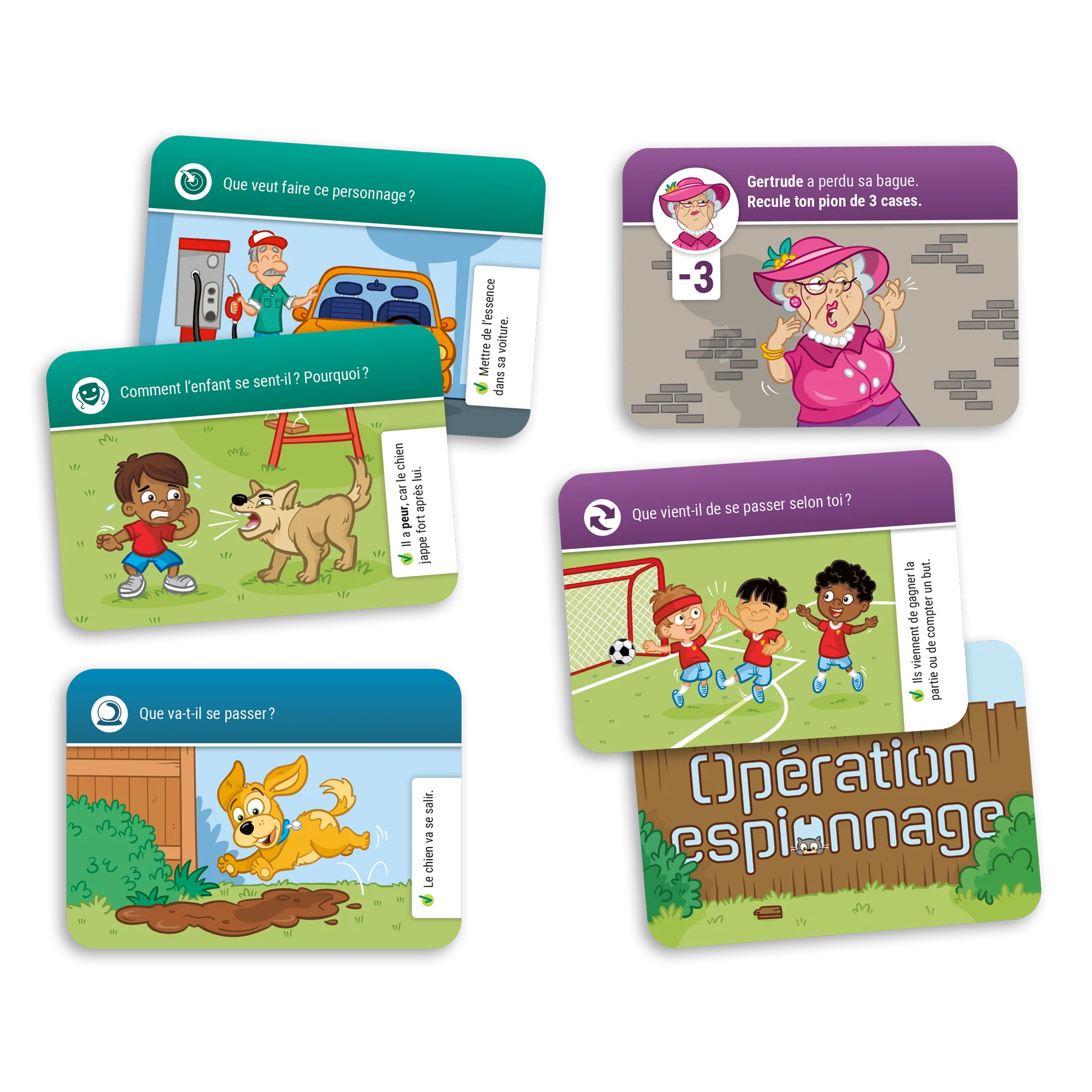 Exemple de cartes-questions et cartes spéciales du jeu Opération espionnage de Placote pour travailler la compréhension et la déduction d'informations chez l'enfant.