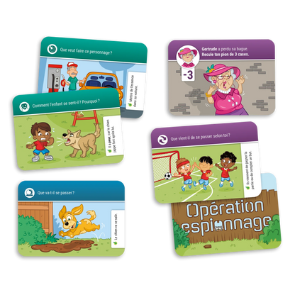 Exemple de cartes-questions et cartes spéciales du jeu Opération espionnage de Placote pour travailler la compréhension et la déduction d'informations chez l'enfant.