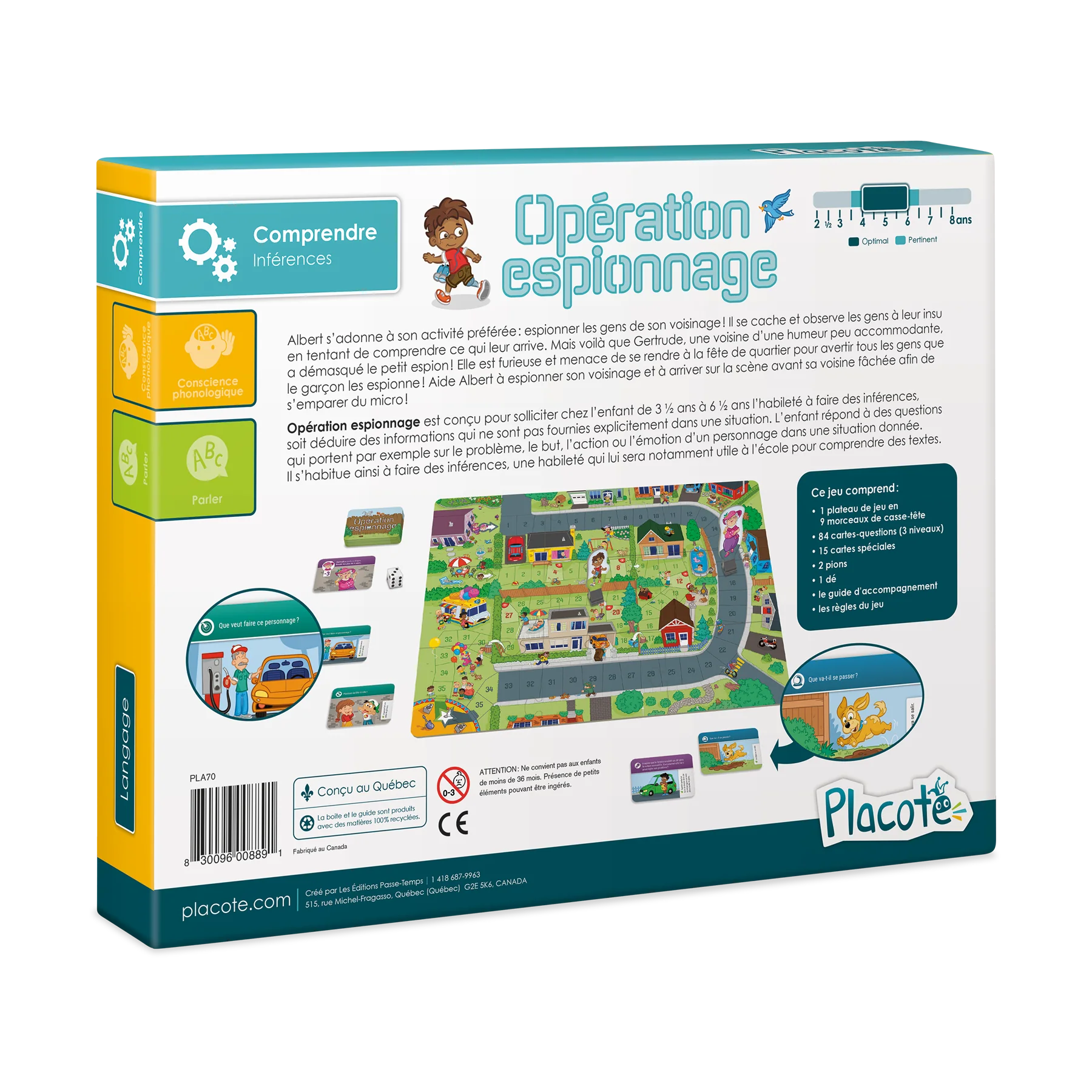 Dos de la boîte du jeu éducatif Opération espionnage de Placote expliquant les objectifs pédagogiques pour développer les inférences chez les enfants de 3 ans et demi à 6 ans et demi.