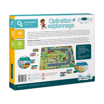 Dos de la boîte du jeu éducatif Opération espionnage de Placote expliquant les objectifs pédagogiques pour développer les inférences chez les enfants de 3 ans et demi à 6 ans et demi.