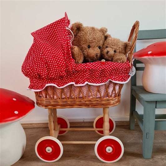 PRAM WICKER WITH RED AND WHITE DOTS