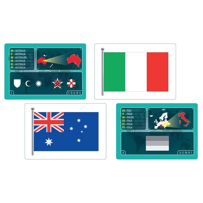 Cartes recto verso du Jeu des drapeaux Clementoni montrant les drapeaux de l'Italie et de l'Australie avec leurs fiches géographiques respectives.