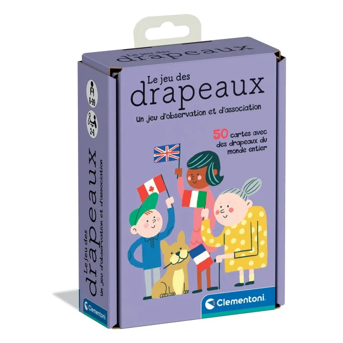 Boîte du Jeu des drapeaux de Clementoni, un jeu d'observation et d'association avec 50 cartes de drapeaux du monde entier.