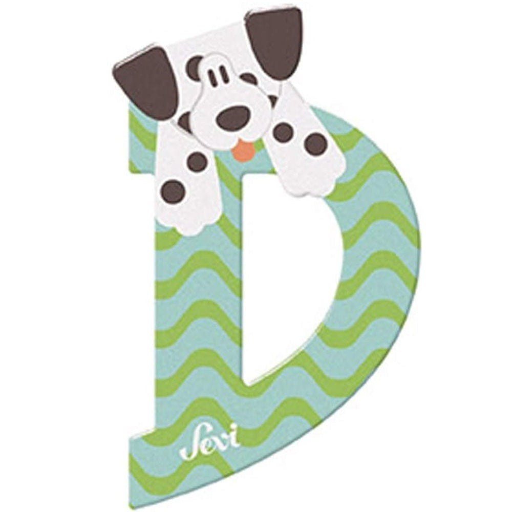 Lettre en bois "D" décorative Sevi aux motifs ondoyants verts et bleus, illustrée d'un petit chien dalmatien.