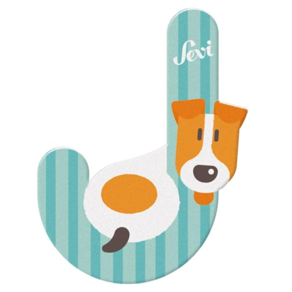 Lettre en bois "J" décorative Sevi rayée bleu et blanc, illustrée d'un petit chien Jack Russell.