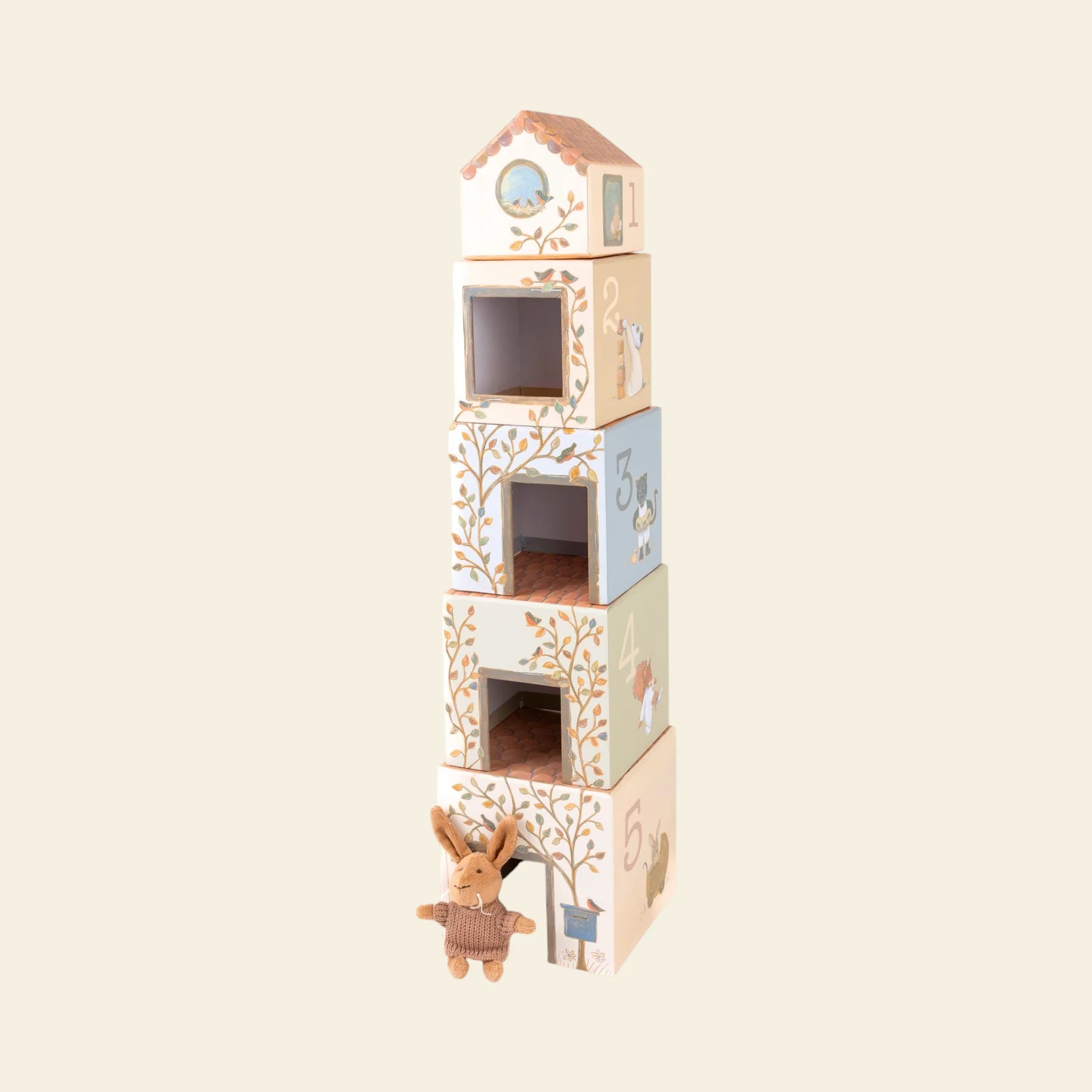 Cubes gigognes et encastrables d'éveil Maison de cubes Lenny le lapin Egmont Toys empilés en hauteur.