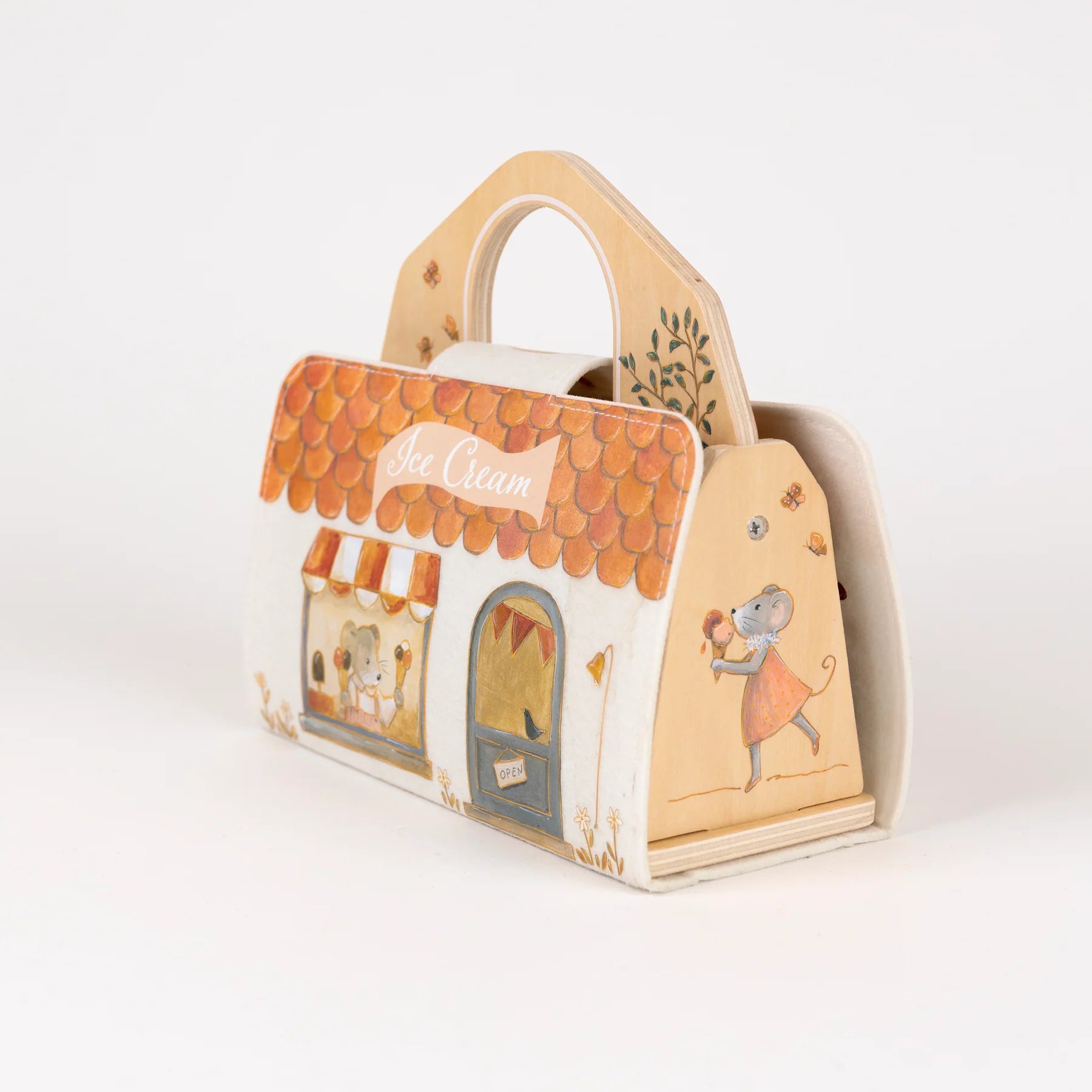 Sac de transport en feutrine et bois de la maison glacier Mini Friends Egmont Toys, vue de trois quarts.