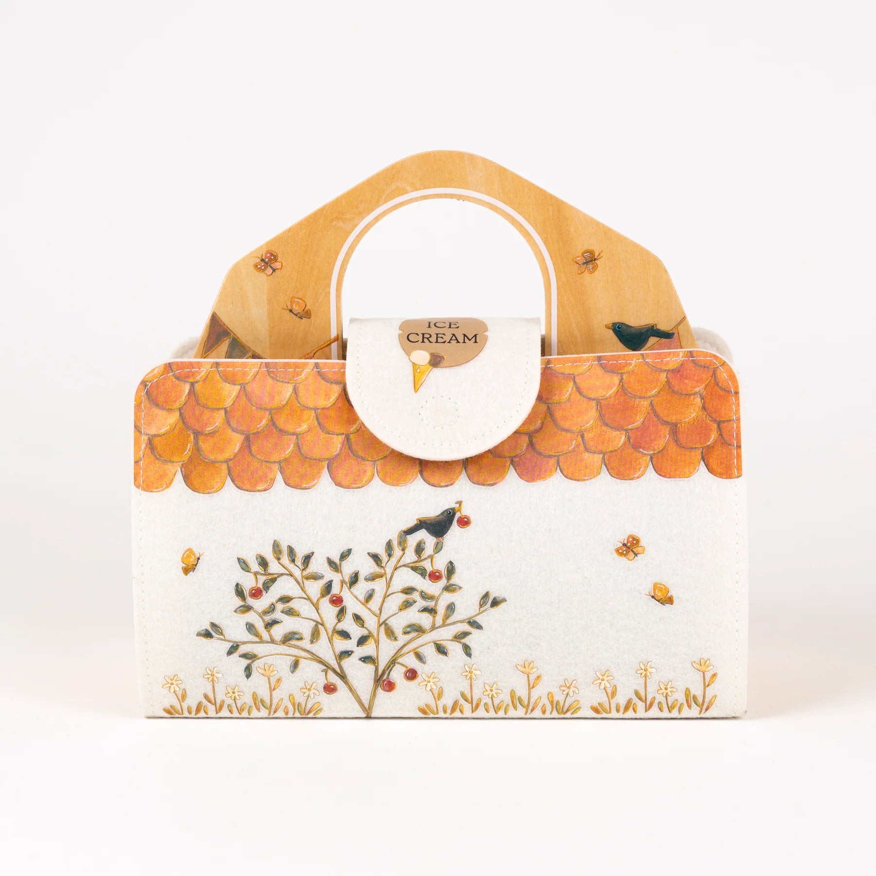 Dos du sac de transport du glacier en bois avec poignée intégrée et rabat aimanté illustré d'un arbre fruitier Egmont Toys.
