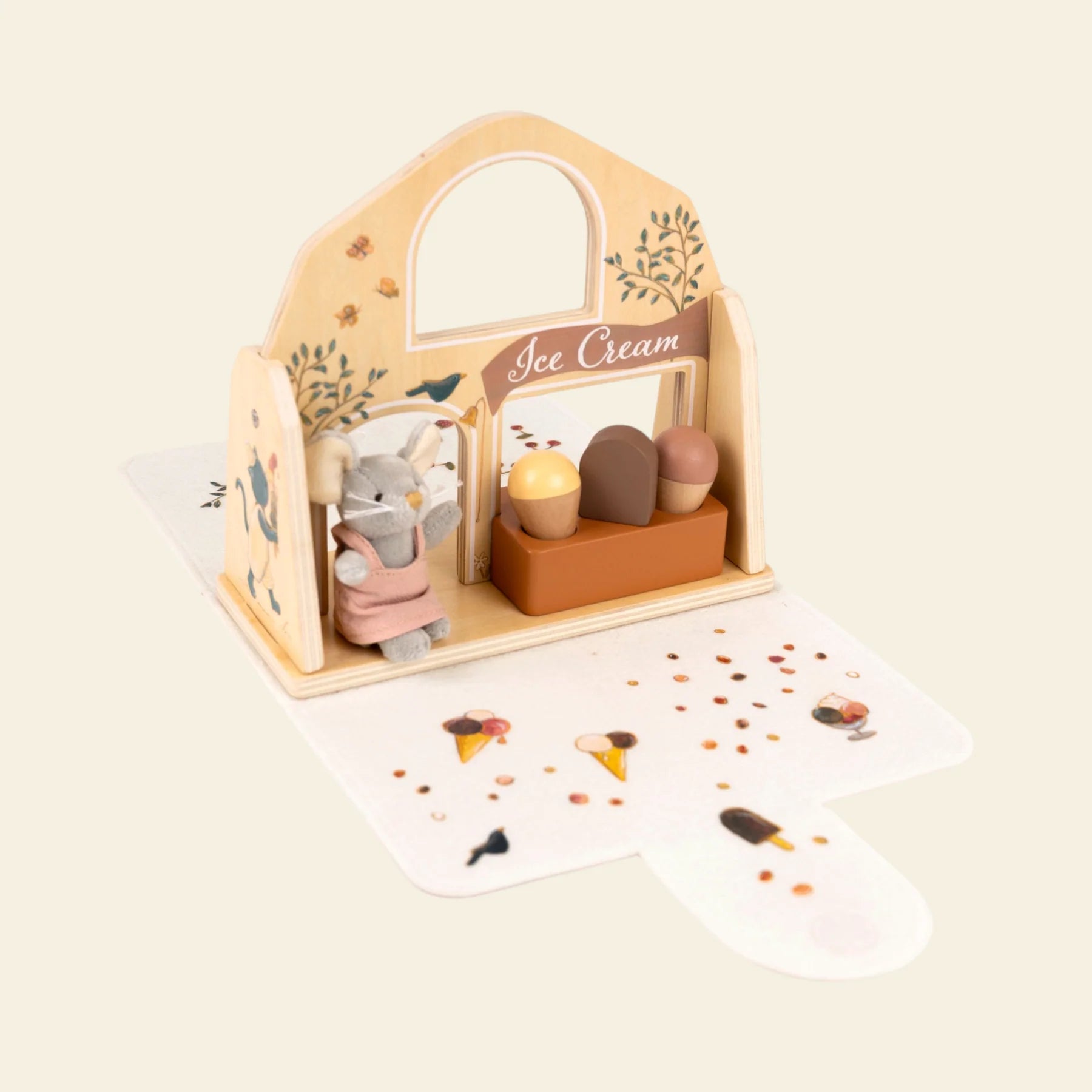 Jeu d'imitation glacier en bois Mini Friends Egmont Toys ouvert avec figurines de souris et glaces.