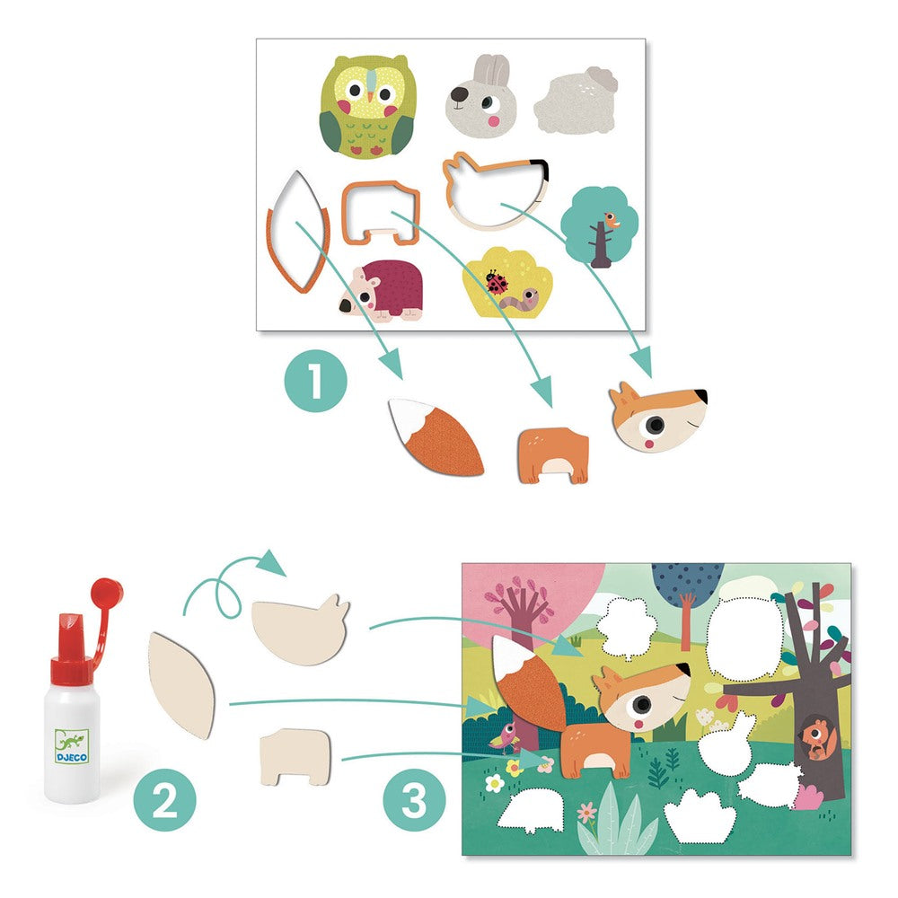 Instructions visuelles montrant le détachement, l'encollage et l'assemblage des pièces d'animaux en carton sur le tableau.