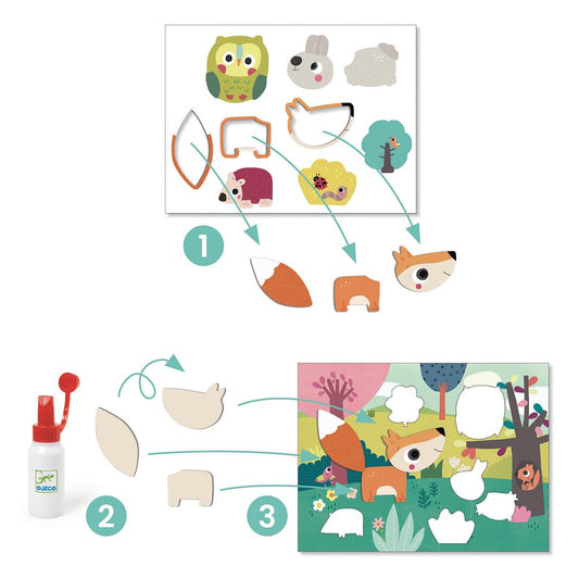 Instructions visuelles montrant le détachement, l'encollage et l'assemblage des pièces d'animaux en carton sur le tableau.