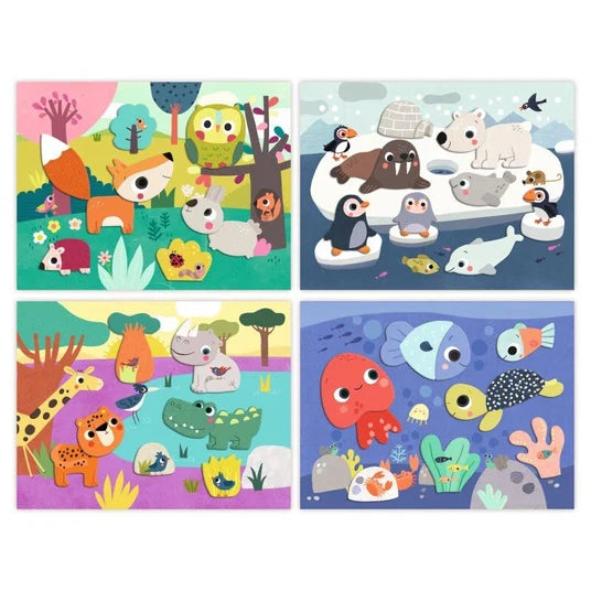Les quatre tableaux d'animaux terminés du coffret Djeco représentant la forêt, la banquise, la savane et l'océan.