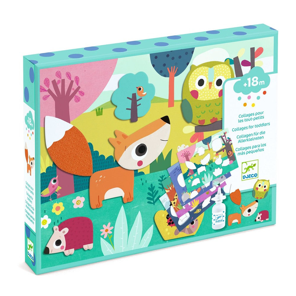 Boîte du coffret créatif Collages pour les tout-petits Djeco dès 18 mois avec un renard et une chouette illustrés.