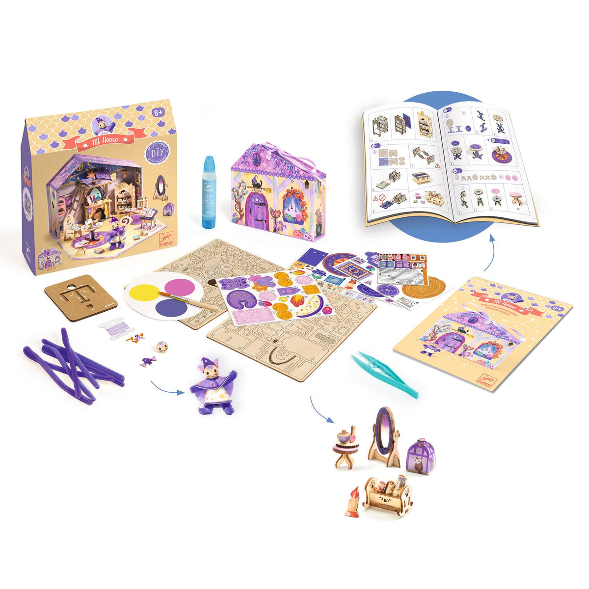 Contenu complet du coffret créatif DIY Mi House Astra Djeco comprenant les plaques de bois prédécoupées, pinceau, peinture, colle et notice explicative.