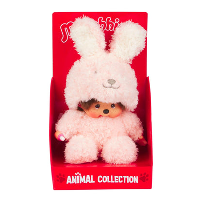 Peluche Monchhichi Fluffy Bunny rose de la collection Animal Collection presented dans sa boîte d'exposition rouge Sekiguchi.