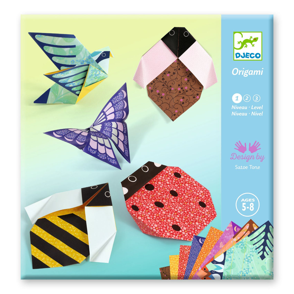 Pochette du kit Origami Dans Mon Jardin Djeco illustrée de pliages d'insectes, de coccinelle et d'oiseau pour enfants de 5 à 8 ans.