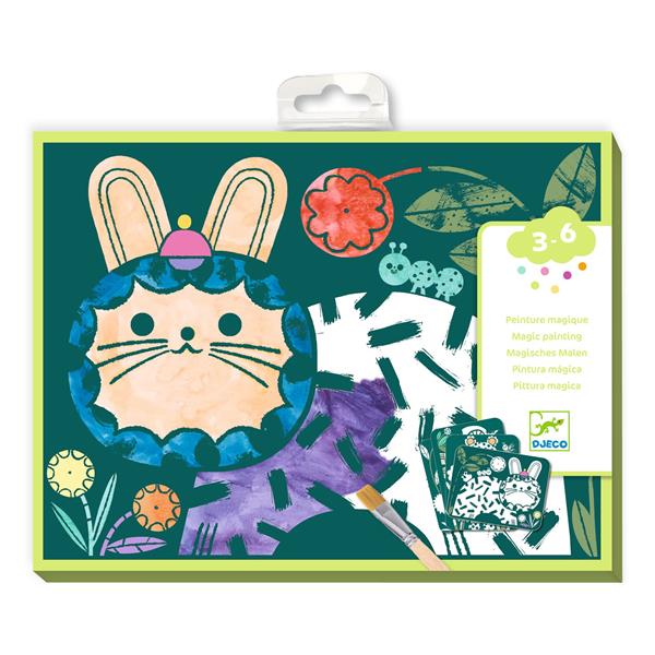 Boîte du kit de peinture magique à l'eau Animaux Déguisés Djeco pour enfants de 3 à 6 ans avec pinceau et cartes.