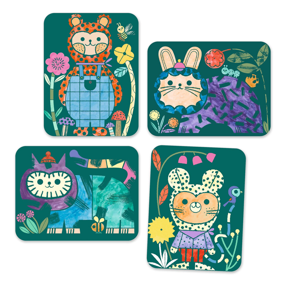 Planches illustrées colorées de peinture magique Animaux Déguisés Djeco montrant des personnages d'animaux fantastiques.