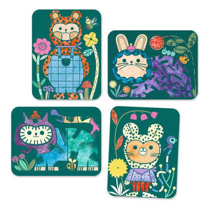 Planches illustrées colorées de peinture magique Animaux Déguisés Djeco montrant des personnages d'animaux fantastiques.