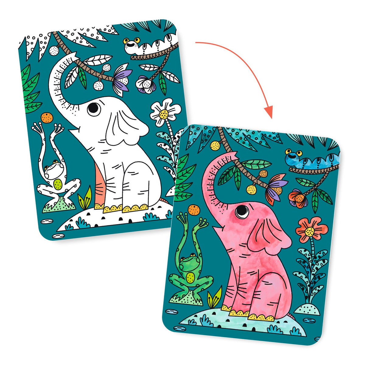 Démonstration avant et après l'application de l'eau sur une carte de peinture magique Djeco révélant un éléphant rose dans la jungle.