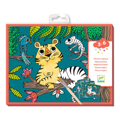 Boîte du kit de peinture magique à l'eau Jungle Djeco pour enfants de 3 à 6 ans avec pinceau et illustrations d'animaux sauvages.