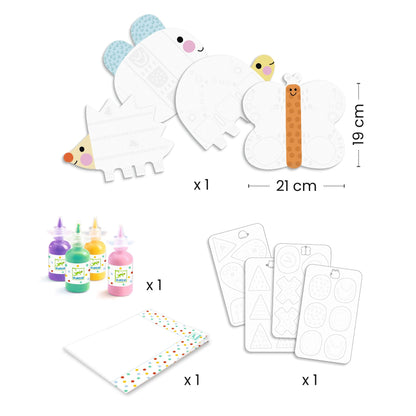 Contenu du coffret Peinture à doigts magique Djeco comprenant 4 silhouettes d'animaux, 4 flacons de peinture, des planches de formes et des stickers.