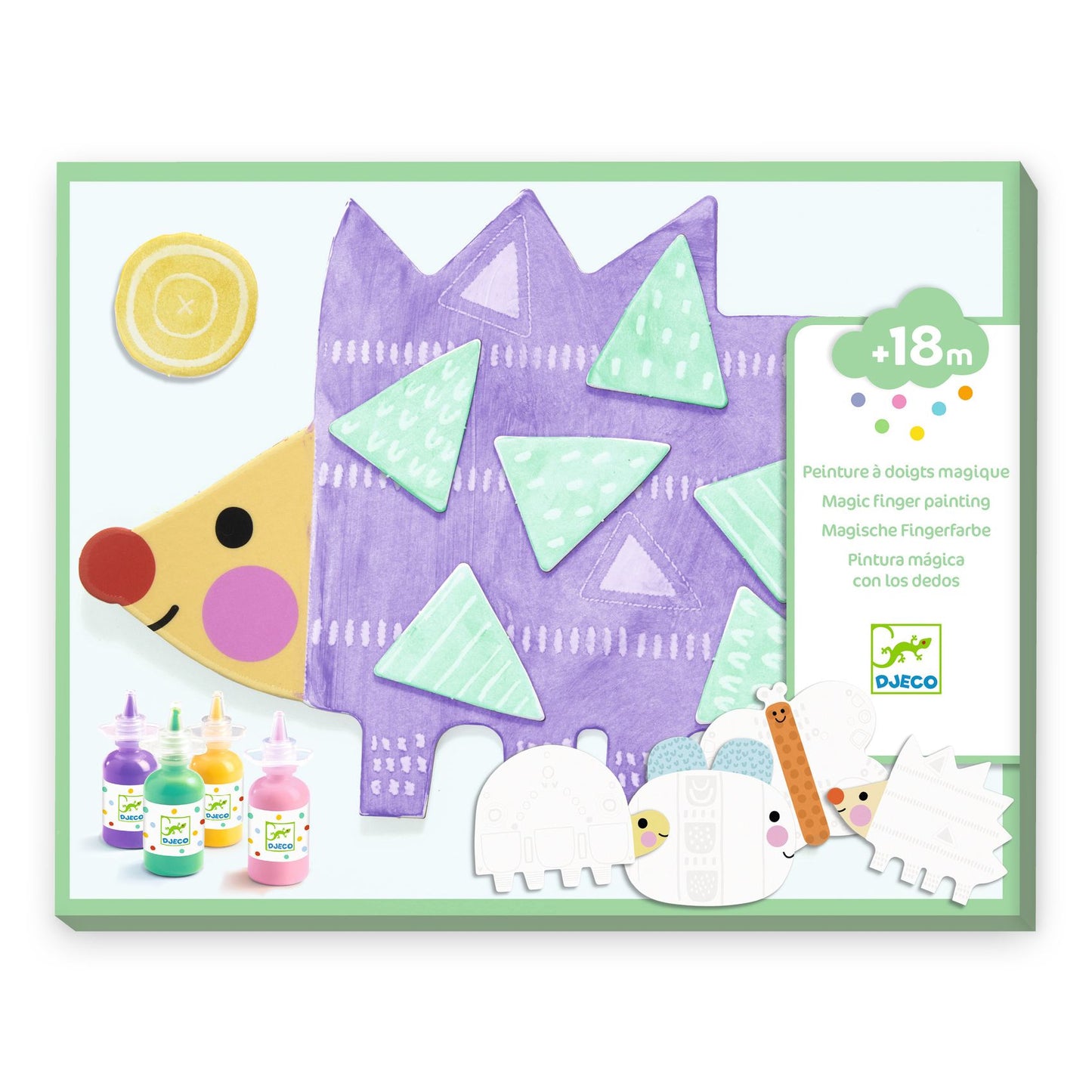 Boîte du coffret Peinture à doigts magique Djeco pour enfants dès 18 mois avec illustration d'un hérisson coloré.