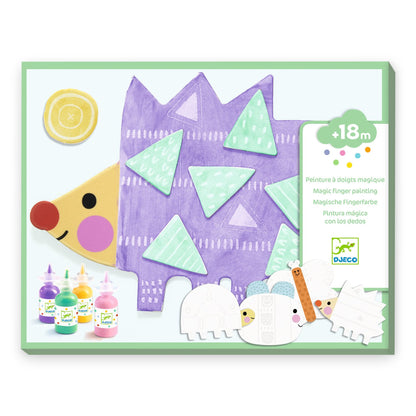 Boîte du coffret Peinture à doigts magique Djeco pour enfants dès 18 mois avec illustration d'un hérisson coloré.