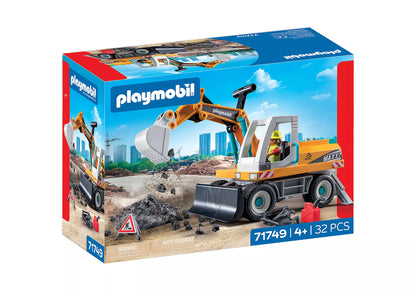 Boîte du jeu de construction Pelleteuse mécanique avec ouvrier Playmobil City Action 71749 de 32 pièces pour enfants dès 4 ans.