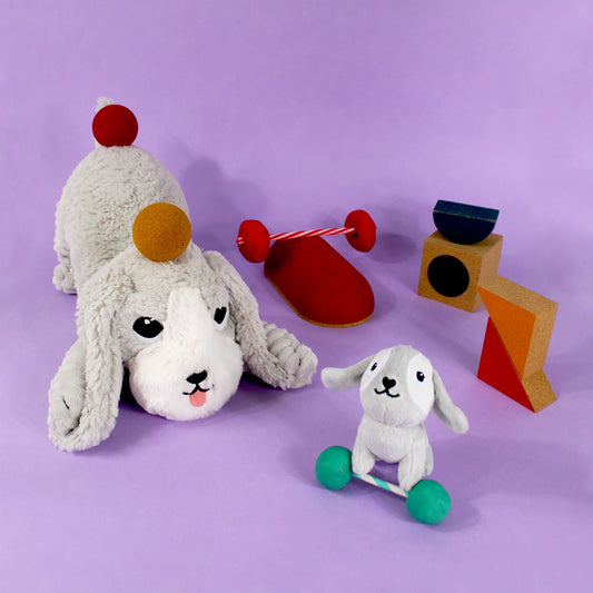 PELUCHE MAMAN-BÉBÉ CHIEN GRIS