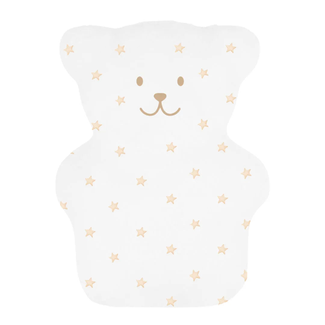 Petit ourson thérapeutique Béké Bobo modèle Je veille sur toi en tissu blanc imprimé de petites étoiles dorées.