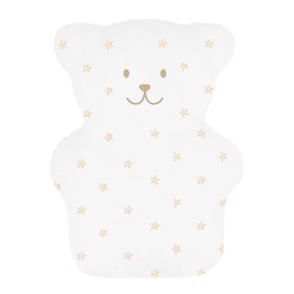 Petit ourson thérapeutique Béké Bobo modèle Je veille sur toi en tissu blanc imprimé de petites étoiles dorées.