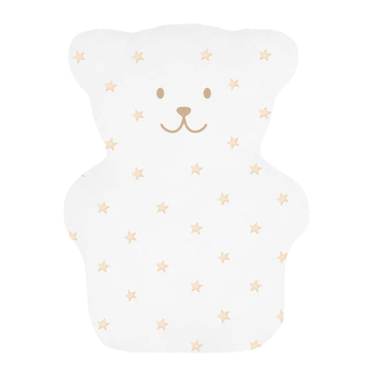 Petit ourson thérapeutique Béké Bobo modèle Je veille sur toi en tissu blanc imprimé de petites étoiles dorées.