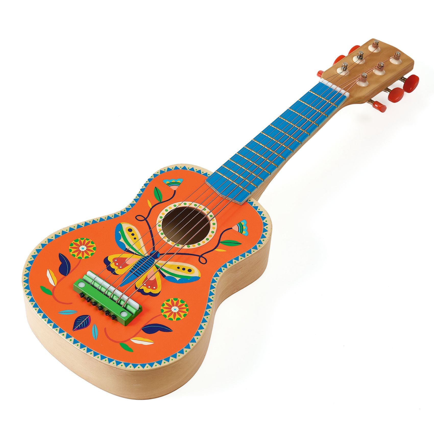 Guitare pour enfant en bois orange illustrée d'un papillon et de fleurs de la gamme Animambo par Djeco, dotée d'un touche bleue et de 6 cordes métalliques.