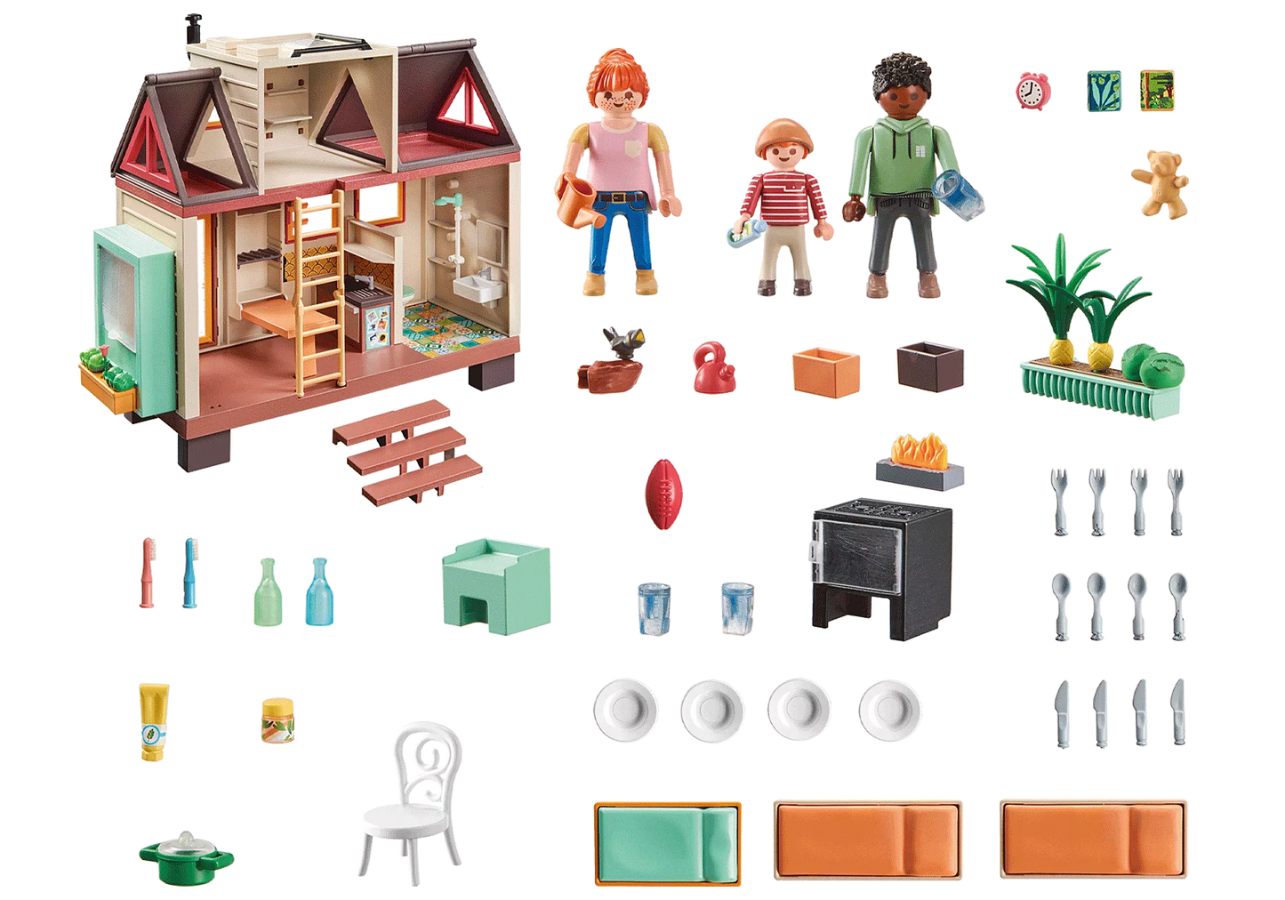 Ensemble complet de 160 pièces du coffret Tiny House Playmobil comprenant 3 personnages, le mobilier et les accessoires.