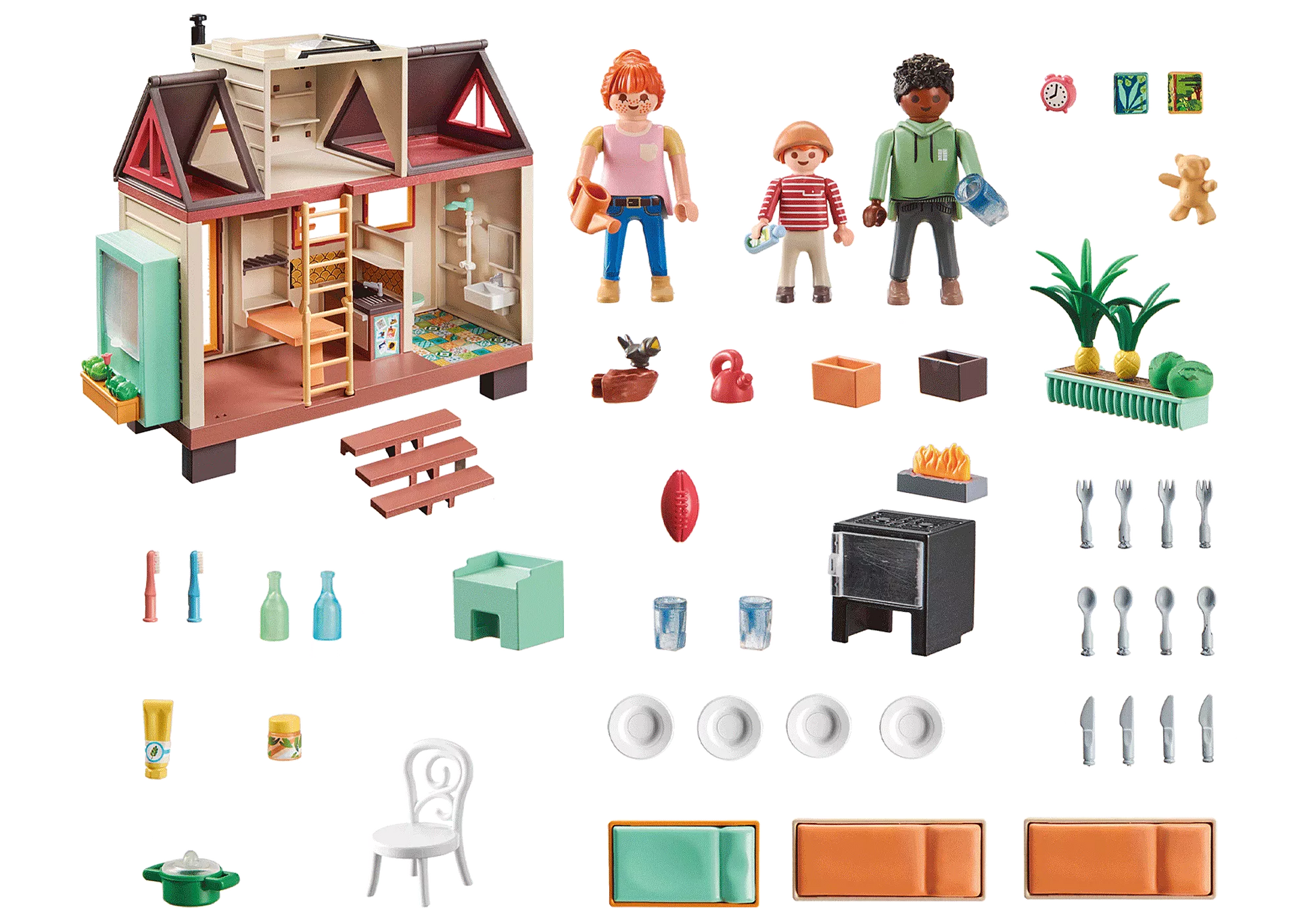Ensemble complet de 160 pièces du coffret Tiny House Playmobil comprenant 3 personnages, le mobilier et les accessoires.