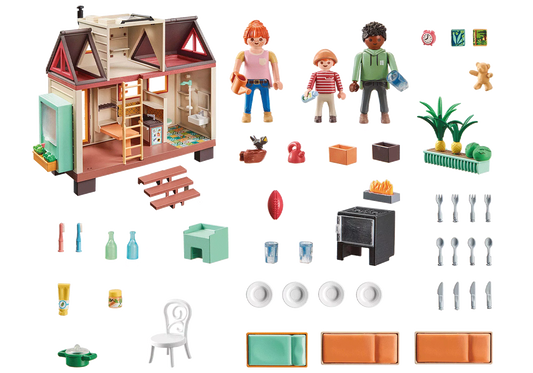Ensemble complet de 160 pièces du coffret Tiny House Playmobil comprenant 3 personnages, le mobilier et les accessoires.