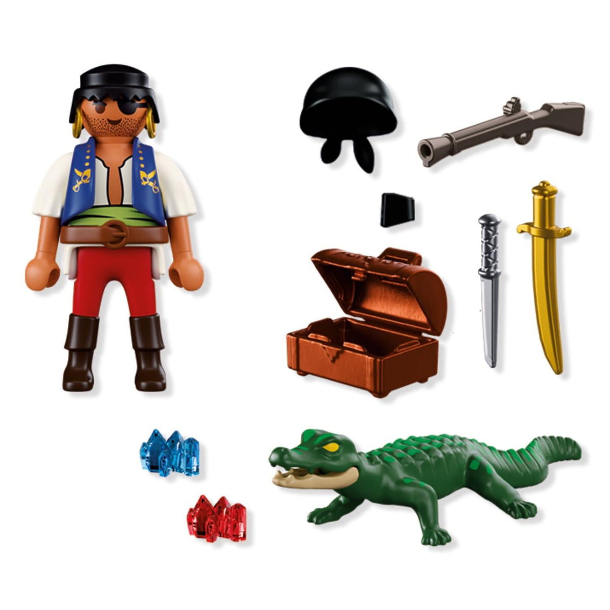 Vue d'ensemble des 10 pièces du coffret Playmobil : figurine de pirate, caïman vert, coffre, gemmes colorées, sabre, dague et fusil.