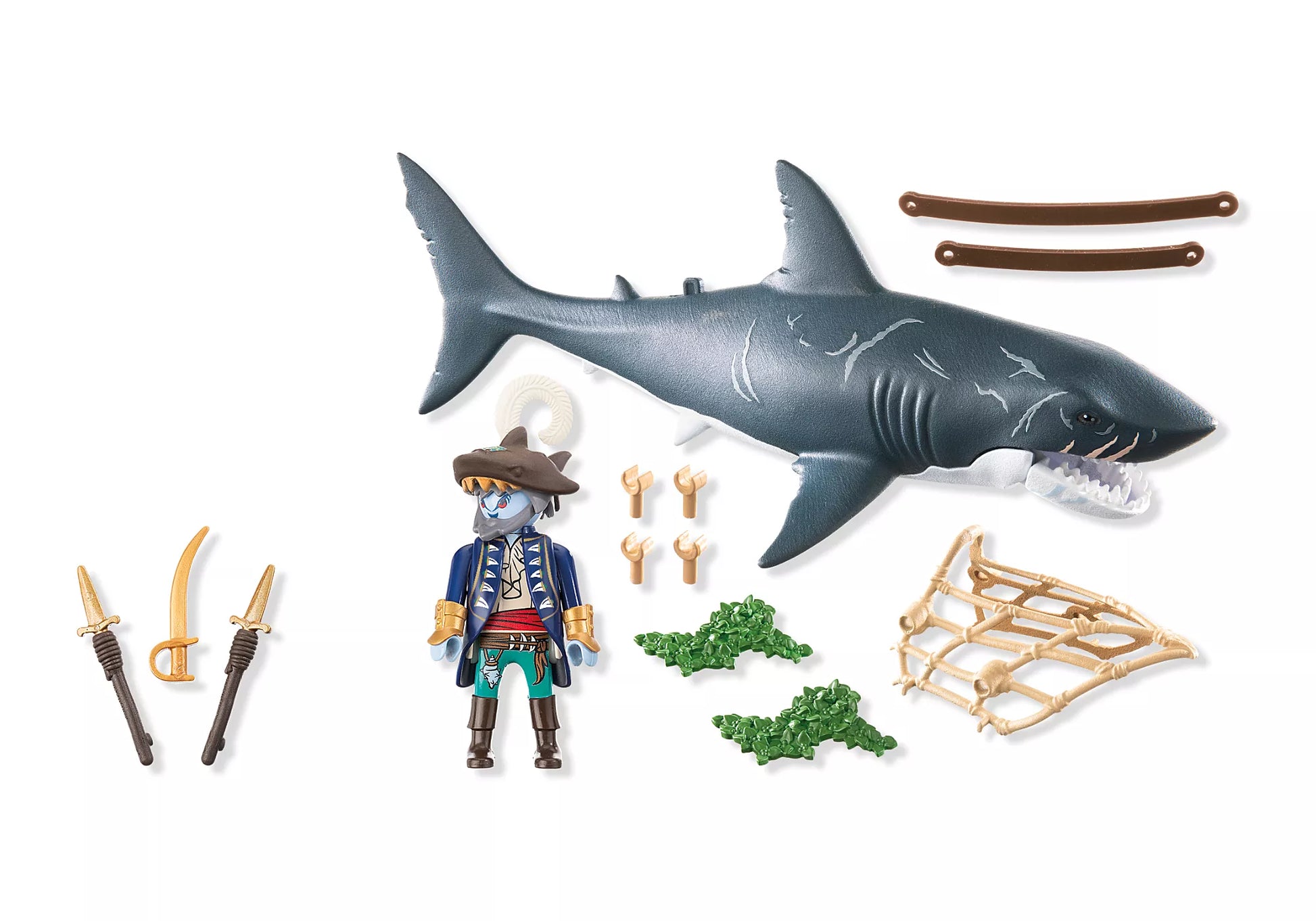 Éléments du coffret Playmobil Pirates comprenant le requin géant à mâchoire articulée, le pirate fantôme et ses armes.