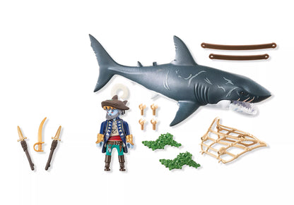 Éléments du coffret Playmobil Pirates comprenant le requin géant à mâchoire articulée, le pirate fantôme et ses armes.