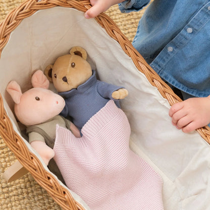 Un enfant tenant un couffin en osier où dorment la peluche ourson Alexis et un petit cochon rose sous une couverture en tricot rose.